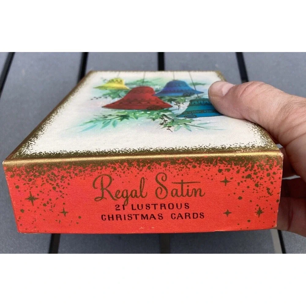 Vintage Christmas decor empty card box Royal Satin colored bells gold trim 1960s